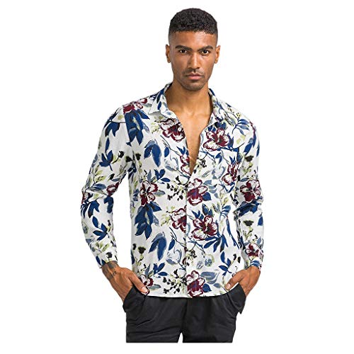 waotier Camisas Casual Mens Colorido Floral Impreso Bolsillo en el Pecho Flojo Turn Down Collar Blusa Camisas Casuales de Manga Larga