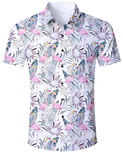 ALISISTER Camisa Hawaiana Flamingo Tropical 3D Patrón de Camisas de Vacaciones Blusa con Botones Fancy Camiseta de Manga Corta Rosa Divertido Traje de Fiesta para Hombre M