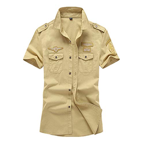 Camisa de verano para hombre de algodón puro militar de manga corta Verde caqui XL