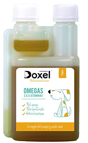Doxel 4all-250ml Aceite para Perros| Suplemento Natural | Sistema Inmunitario Reforzado| Articulaciones sanas| Pelo Brillante| Piel Sana| Ácidos grasos Omega 3 6 9| Vitamina E| Alergias Perro|Natural