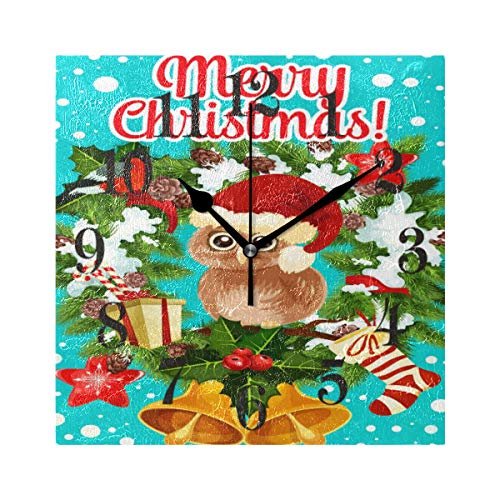 Emoya - Reloj de pared cuadrado decorativo, diseño de búho de Navidad, corona de Papá Noel de Papá Noel con pilas, 20,3 cm