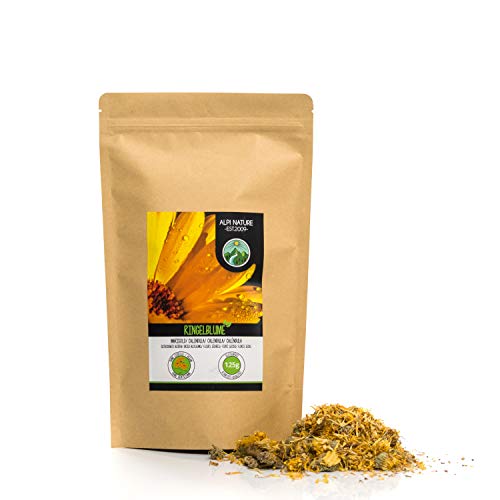 Flores de caléndula (125g), té de caléndula, flores enteras, caléndula de naranja, suavemente seca, 100% pura y natural para la preparación de té, té de hierbas, flores comestibles