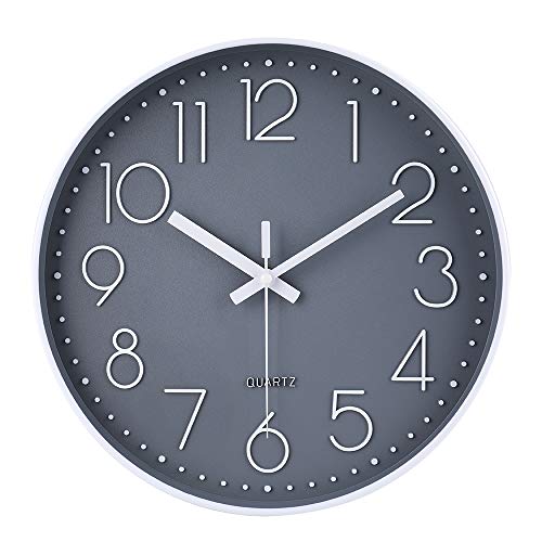 jomparis Reloj de pared moderno,grandes decorativos Silencioso interior reloj de cuarzo de cuarzo redondo No-ticking para sala de estar,panel gris marco blanco, funciona con pilas, ,30 cm diámetro,