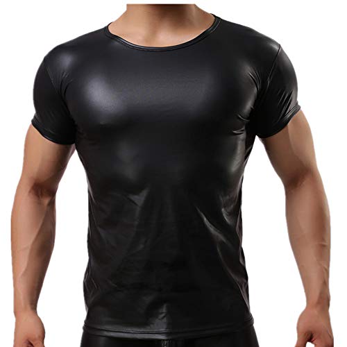 Moda de piel sintética para hombre camiseta de manga corta sexy blusa suave y cómoda de manga corta para hombre Negro Negro ( L