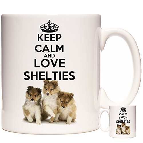 Sheltie - Taza, diseño con texto "Keep Calm and Love Shelties". Bonita taza de regalo de cerámica con magníficos cachorros de Sheltie.