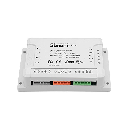 Sonoff 4CH R2-4 Gang Smart Switch funciona con Alexa & Google Home&IFTTT, 4 canales WiFi con Interruptor de hora remota para control remoto de 4 dispositivos de forma independiente (caja actualizada)