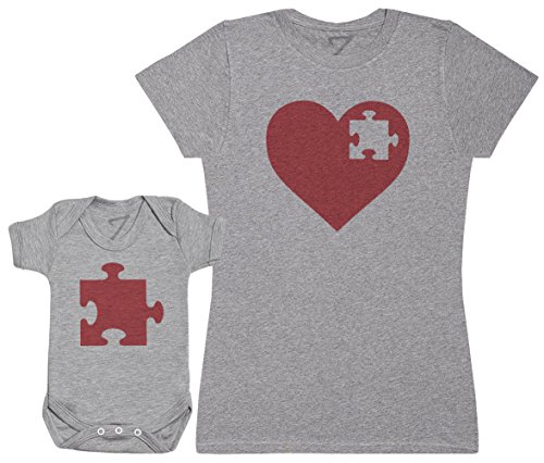 Zarlivia Clothing Heart and Puzzle Piece - Regalo para Madres y bebés en un Body para bebés y una Camiseta de Mujer a Juego - Gris - Large & 6-12 Meses