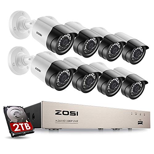 ZOSI Sistema de Seguridad 1080P CCTV Kit de Cámara Vigilancia Hogar 8CH HD 4-en-1 Grabador DVR + (8) Cámara Bala Exterior + 2TB Disco Duro, Visión Nocturna, Detección de Movimiento, Acceso Remoto