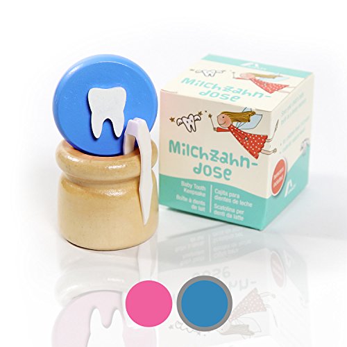 Amazy Caja para dientes de leche (Pequeña | Azul) Incl. pinza y carta del Hada de los Dientes – Recipiente de madera para dientes de leche