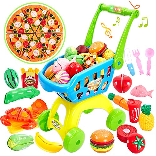 Buyger 31 Piezas Juguete de Supermercado Carrito de Compras Frutas Verduras Alimentos Juguete para Niños Niñas 3 Años