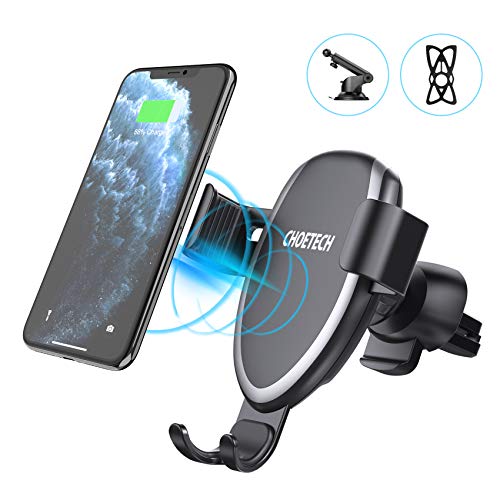 CHOETECH Cargador Inalámbrico Coche, Qi Wireless Car Charger Soporte(2 Usos), 10W para Samsung S20/S20+/S10e/S10+/S9/S8+/Note 10/Note 9,7.5W para iPhone SE 2/11/11Pro/XS/XR/X/8/8 Plus, 5W QI-Enabled