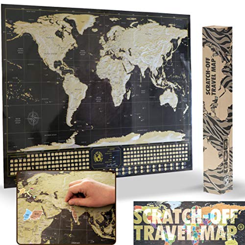 Deluxe rascar viajes Mapa - Póster con banderas de país y el mundo de 50 Más visitado atracciones turísticas, seguimiento de tus aventuras (negro y dorado con plata montañas - 33 "X 23)