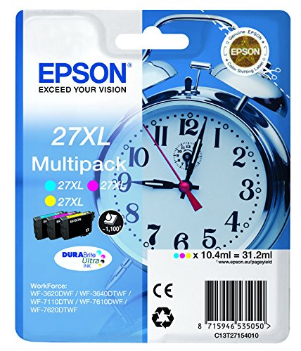 Epson 27XL C13T27154010 - Pack de 3 cartuchos de tinta, cyan, amarillo y magenta, paquete estándar válido para los modelos WF-7720DTWF, WF-7610DWF y otros, Ya disponible en Amazon Dash Replenishment