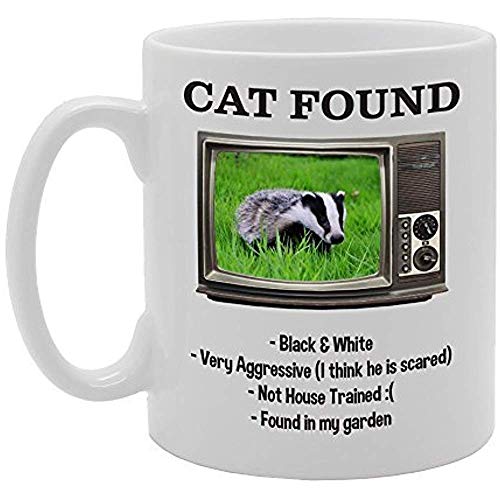 Funny Cat Found Notes Negro Blanco Muy agresivo No entrenado en casa Encontrado en mi jardín Regalo de novedad Taza de café de té de cerámica