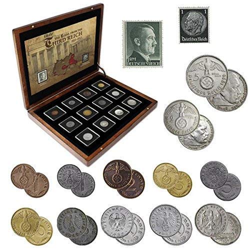 IMPACTO COLECCIONABLES Monedas Antiguas - 12 Monedas + 2 Sellos de Alemania, Colección Segunda Guerra Mundial 1939-1945