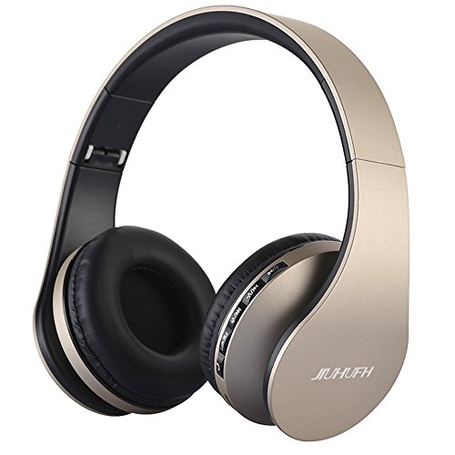 JIUHUFH Auriculares Bluetooth con micrófono Incorporado/Reproductor de MP3/Radio FM/Modo con Cable para PC/Teléfonos celulares-Dorado