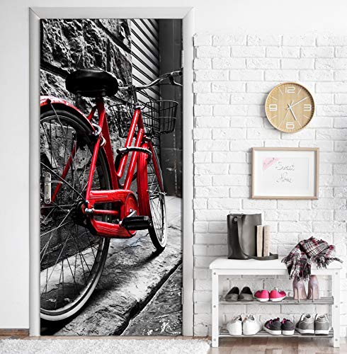 MEGADECOR Vinilo Adhesivo Decorativo para Puertas. 83cm x 204cm, Bicicleta Roja Vintage Retro En La Calle De Adoquines En El Casco Antiguo