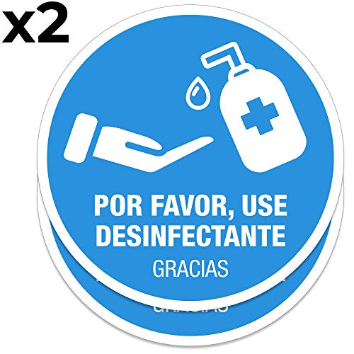 Pack 2 señales adhesivas"obligatorio uso de gel desinfectante y lavado de manos" texto en español | 2 unidades de 16 cm