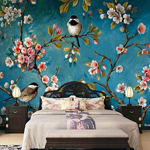 Papel tapiz fotográfico Fotomural 3D Flores verdes y pájaros 200x150 cm Papel pintado premium no tejido Mural Apto para sala de estar dormitorio Decoración de la papel tapiz