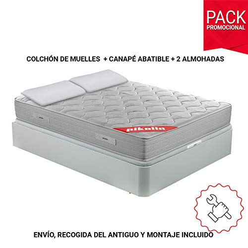 PIKOLIN Pack Colchón viscoelástico de muelles 150x190+ canapé Base abatible Blanca y Dos Almohadas de Fibra
