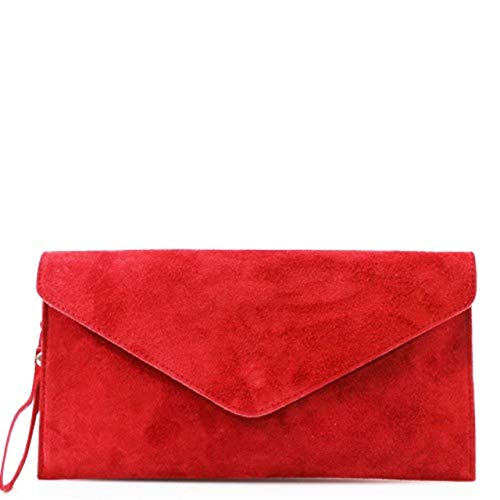 RS.FASHIONS Bolso de mano de ante italiano de piel para mujer, bolso de mano, bolso de mano de ante, color Rojo, talla Medium