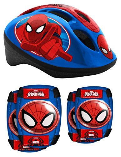 STAMP SAS Combo Spiderman (Helm + Elbow & Knee Pads), Niños, Red and Blue, 5+