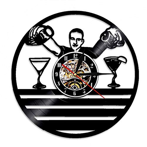 wwwff Reloj de Pared de Bebidas Cartel de Pared de Negocios Tipo de Bebida Arte Mural Decorativo Reloj de Pared de Disco de Vinilo Retro