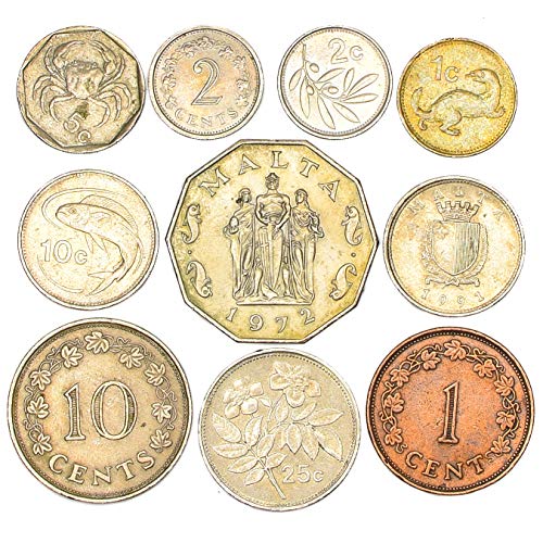 10 Monedas MALTESAS 2 MILS - 50 CÉNTIMOS Malta Monedas DE COLECCIÓN DE 1972. Ideal para Banco DE Moneda, SOSTENEDORES DE Moneda Y Album DE Monedas
