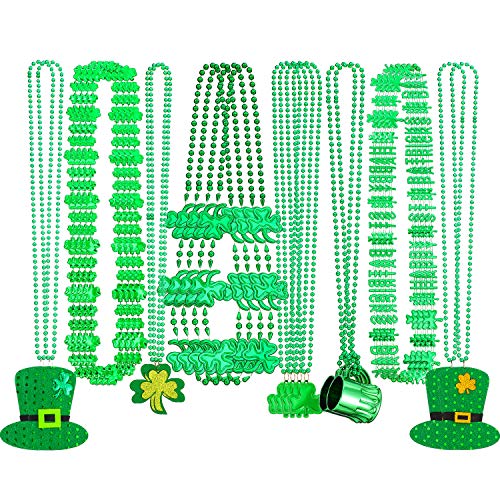 24 Collares de San Patricio Collar Sombrero de Trébol Verde Collar de Colgante de Cuenta de Vidrio de Vino para Accesorios Disfraces de Fiesta Decoraciñon de Festival Vacación de Irlandesa, 8 Tipos
