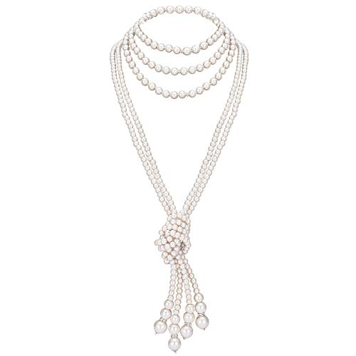 ArtiDeco Gatsby Collar de Perlas Largo con Nudo Vintage 1920 Flapper Accesorios Perlas de Imitación Collar de Perlas con Nudo 49” 59”