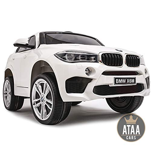 ATAA BMW X6M batería12v - Blanco -Coche electrico para niños Grandes Dimensiones con livencia Oficial BMW - Asiento de Piel, Ruedas de Goma, música