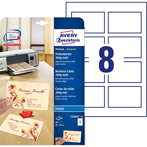 Avery España C32015-10E - Pack de 10 folios de tarjetas de visita, 85 x 54 mm, color blanco