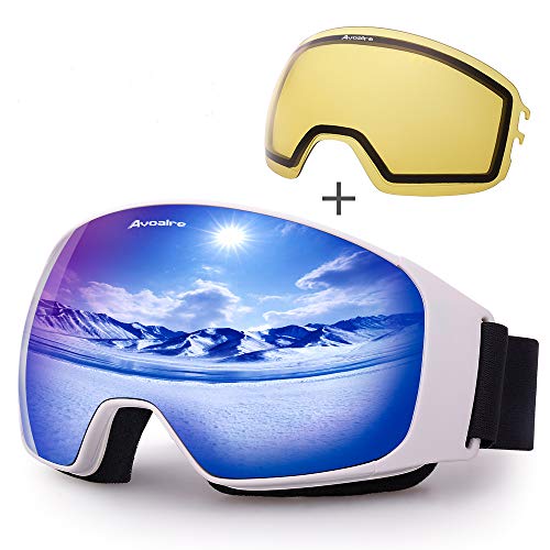 Avoalre Gafas de esquí Gafas de esquí antiniebla para Snowboard para Hombre Gafas de protección UV 100% para Mujeres con Lentes esféricas Intercambiables Intercambiables (Azul)