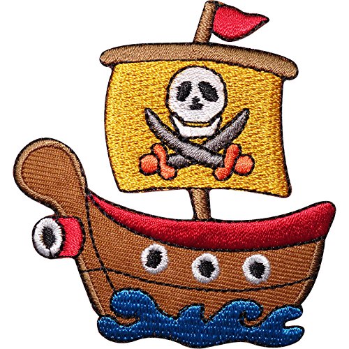 Barco pirata bordado hierro/para coser en la ropa parche calavera y cuchillo bandera insignia
