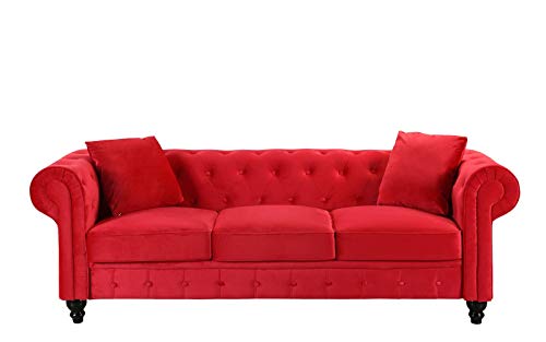 BHDesign Mila - Sofá Chesterfield de 3 plazas, terciopelo, color rojo