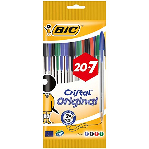 BIC Cristal Original bolígrafos punta media (1,0 mm) – colores Surtidos, Blíster de 20+7