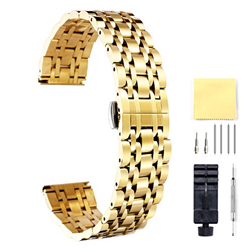 BINLUN - Correa de reloj en acero inoxidable en 6 colores (oro, plata, negro, oro rosa, tono dorado, tono oro rosa), 17 tamaños (10 mm – 26 mm)