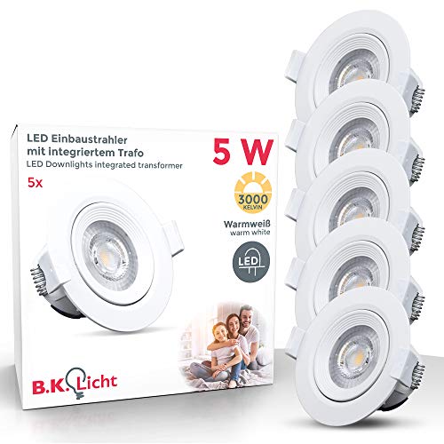 B.K.Licht - Set de 5 focos LED empotrables y orientables para interiores, downlight de luz blanca cálida, protección IP23, 5 W, 350 lúmenes, 3000K, color blanco