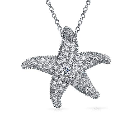 Bling Jewelry Gran Allanar Zirconio Cúbico CZ Estrella del Mar Playa Náuticas para Mujer Novia Colgante Collar De Plata Esterlina 925