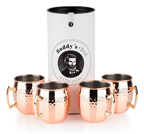 Buddy's Bar - Taza Moscow Mule, set de 4, 4 x 550ml, tazas de acero de alta calidad con revestimiento de cobre, apta para alimentos, efecto martillo, tazas para cócteles con caja de regalo