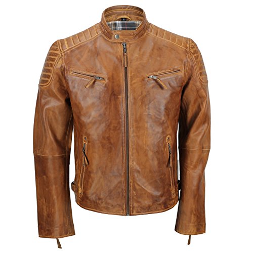 Chaqueta de piel suave para hombre, corte ajustado, chaqueta estilo biker con cremallera, retro, color marrón lavado Tan Brown X-Large