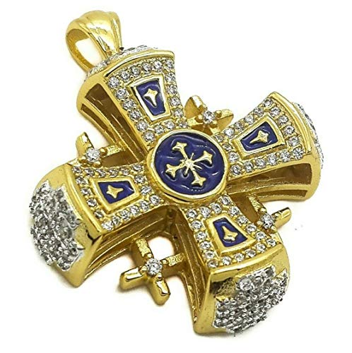 Colgante de plata de ley 925 chapado en oro de 18 quilates con cruz de Jerusalén, esmalte azul, Swarovski de 1,3"
