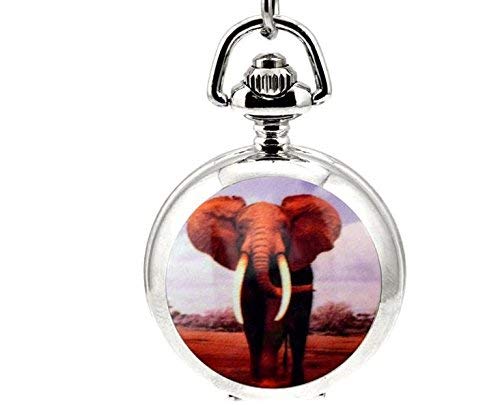 Collar de reloj de bolsillo vintage africano con elefante hecho a mano con cadena de reloj de cuarzo plateado.