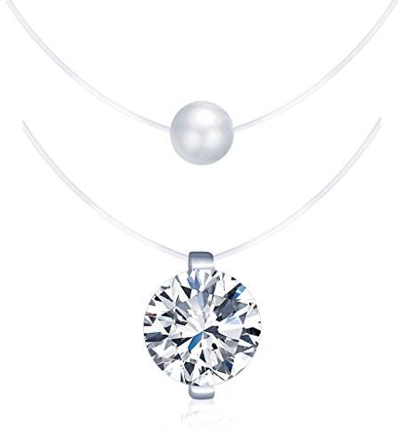 Collares Mujer Niña, Yumilok-2 Piezas, Juego de Collares Invisible Colgantes de Perla y de Diamantes, en Plata de Ley 925 Cadena con Colgantes
