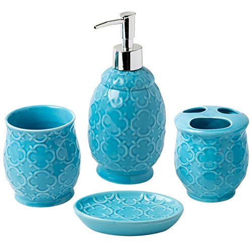 Conjunto de 4 Accesorios de baño de cerámica de diseño | Incluye jabón líquido o loción con portacepillos, Vidrio, jabonera | Celosía marroquí | Azul