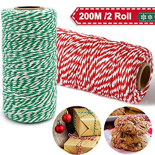 Cordel Verde Rojo y Blanco 200M, Cordel Hilo de panadero/cordel de carnicero/cordel de jardín 2 rollos, Cuerdas y cordeles decorativo de colores para envolver de regalos de navidad