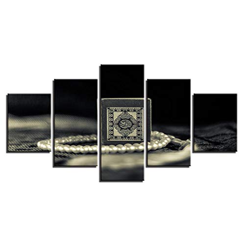 Cuadro en Lienzo 5 Pieza impresión Lienzo artística Pintura Diseño Cuadro Moderno Pared gráfica Collar Perlas Blanco Negro Enmarcado