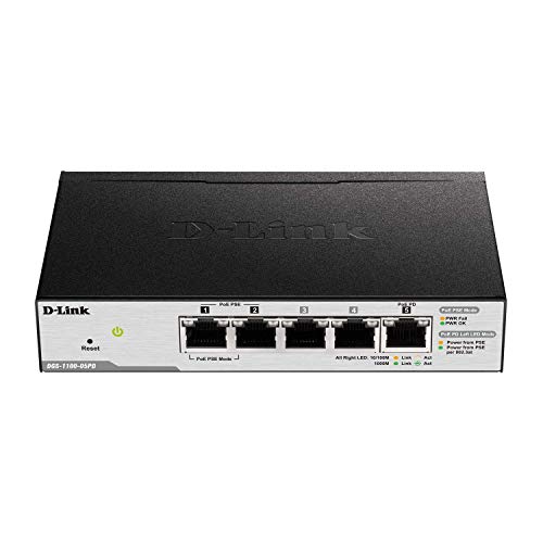 D-Link DGS-1100-05PD - Switch conmutador de Red Easy Smart PoE, Alimentado por Puerto RJ-45 Ethernet, 5 Puertos Gigabit (10/100/1000 Mbps), gestión Web (VLAN, Spanning Tree, IGMP Snooping), Negro