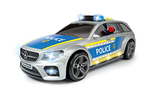 Dickie Toys 203716018 Mercedes AMG E43 Coche de Policía, Policía, Motor. Cochecito de juguete, portón trasero que se abre mediante un botón con efecto de sonido, incluye pilas, 30 cm, color plata/azul