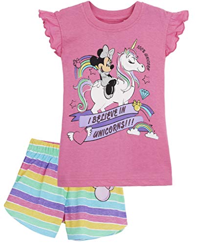 Disney Minnie Mouse Pijama Niña Verano, Ropa de Niña Vacaciones Algodon 100%, Conjuntos de 2 Piezas Top y Pantalon Corto Niña, Regalos Originales para Niñas Edad 1-8 Años (Rosa Unicornio, 3 años)